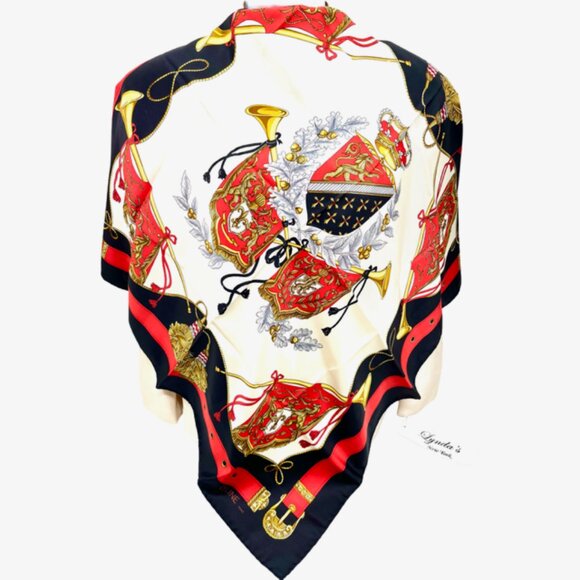 Unused Celine Paris 100% Silk Scarf Satin 34" Beige Black Red Prumpet Bow  (37 - Picture 15 of 16